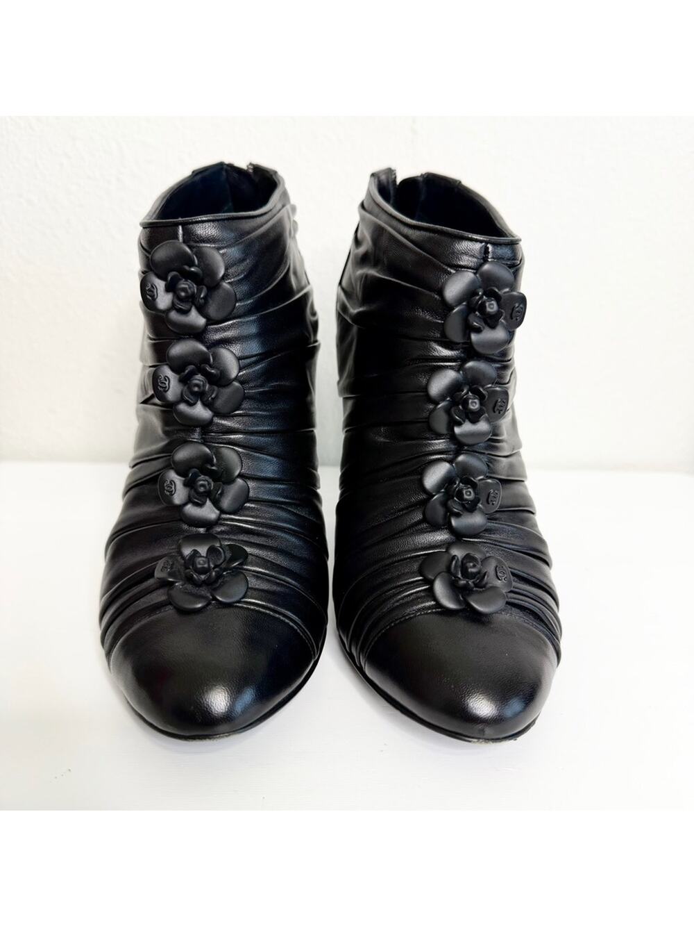 CHANEL Black Ankle Booties Cap Toe Size 37.5 Camellia Flower